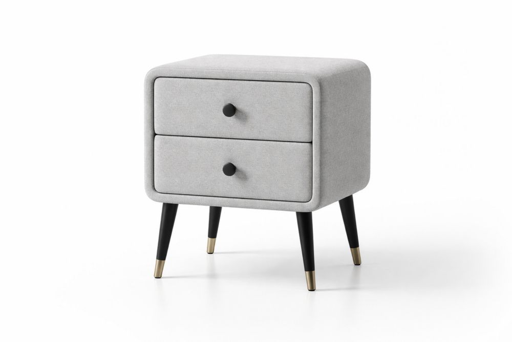 Gray Polyester Fabric Two-Drawer Nightstand with Black Oak Wood Legs