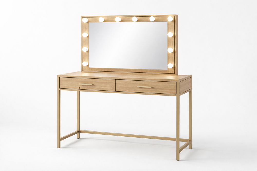 Light Wood Vanity Table with LED Mirror and Drawers
