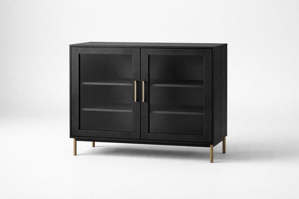 Glass Door Cabinet Black Solid Wood Steel Frame 81cm Height