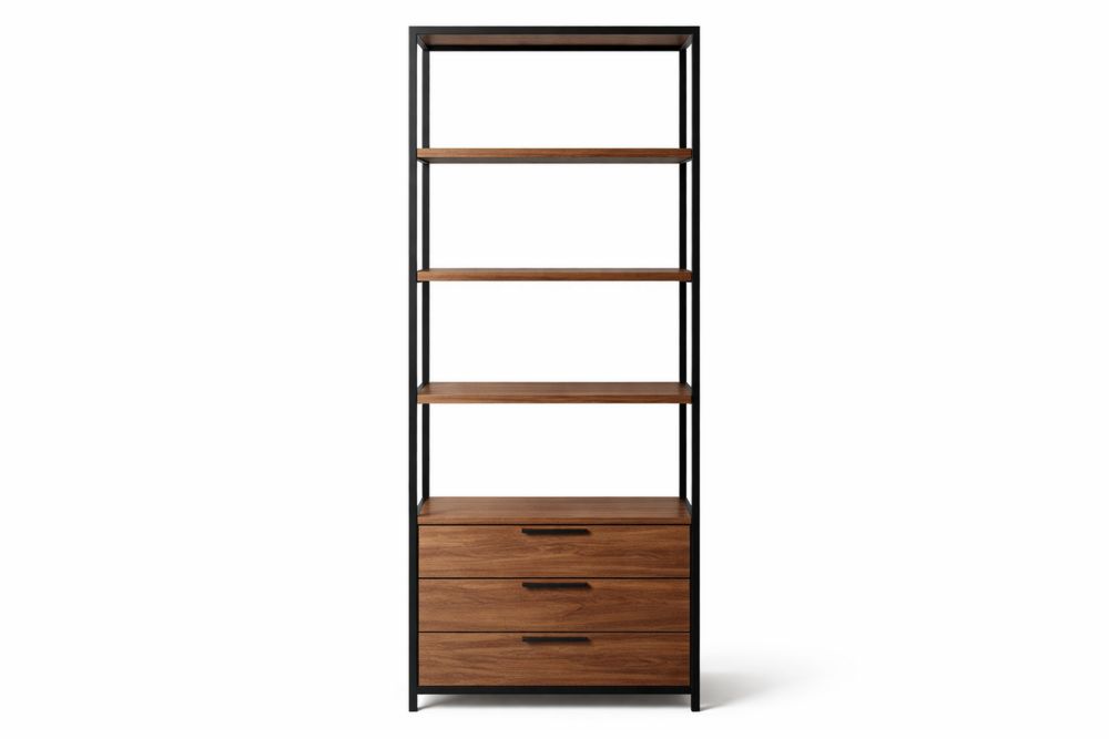 Walnut Wood and Steel Bookcase with Shelves and Drawers