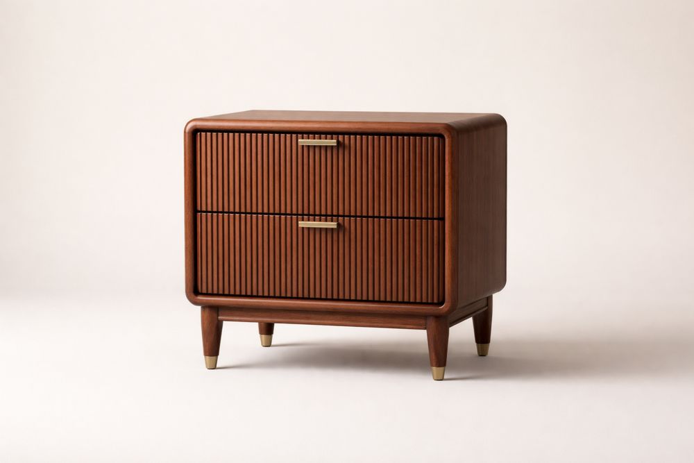 Solid Wood Two-Drawer Nightstand Brown Ribbed Design 50cm x 40cm x 60cm(L × W × H)