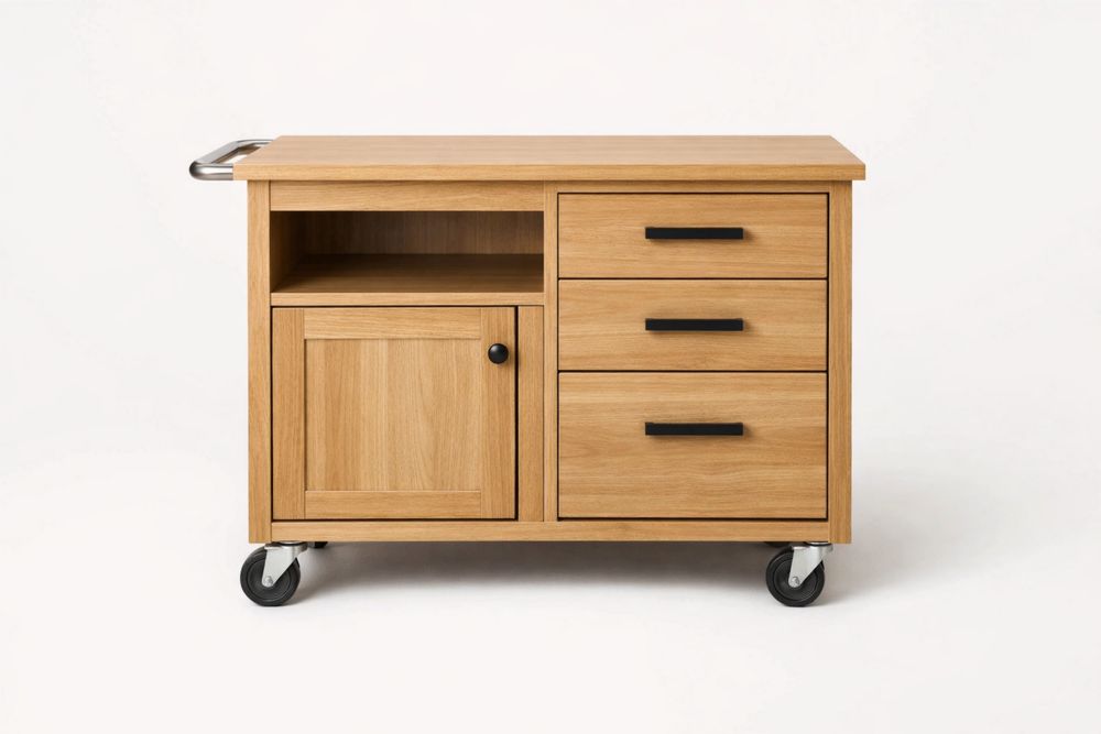 Oak Wood Kitchen Cart with Wheels and Storage Drawers
