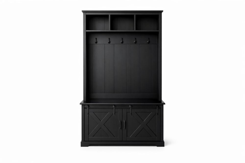 Black MDF Hall Tree with Storage Bench and Hooks