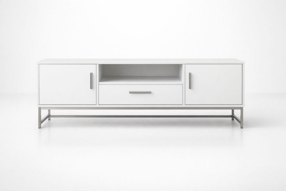 White TV Stand with Steel Legs and Storage