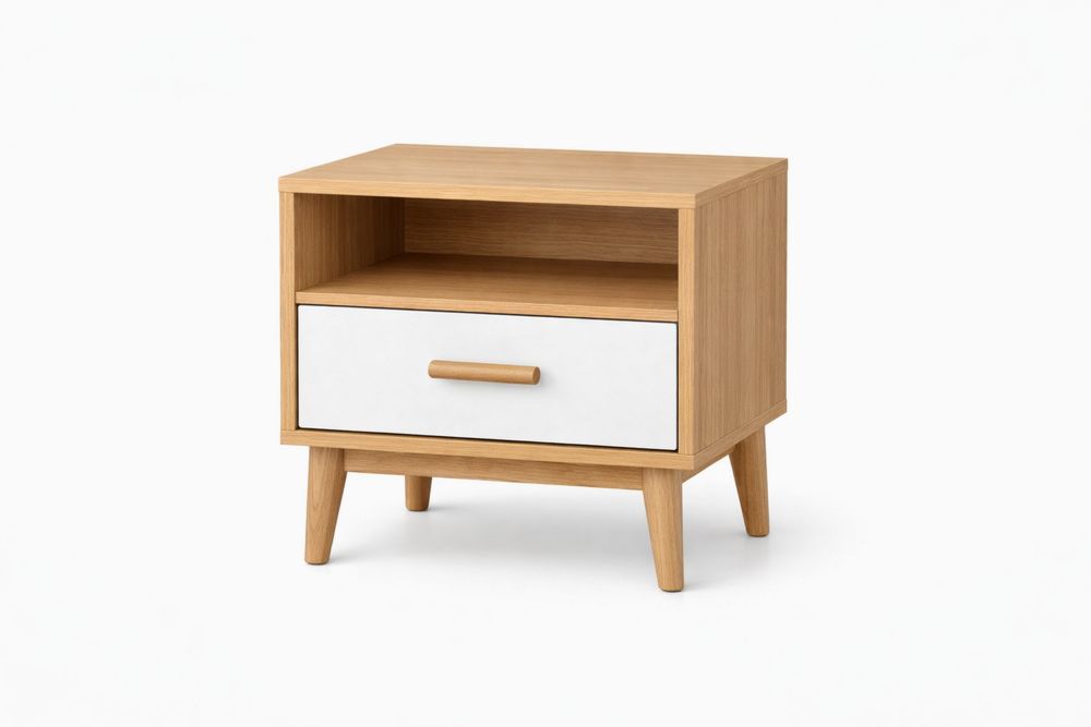 Wood and White Nightstand with Drawer and Open Shelf