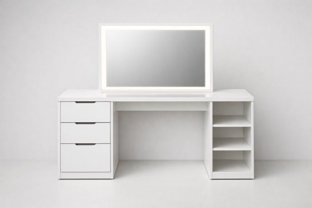 White Vanity Desk with LED Mirror and Storage Shelves