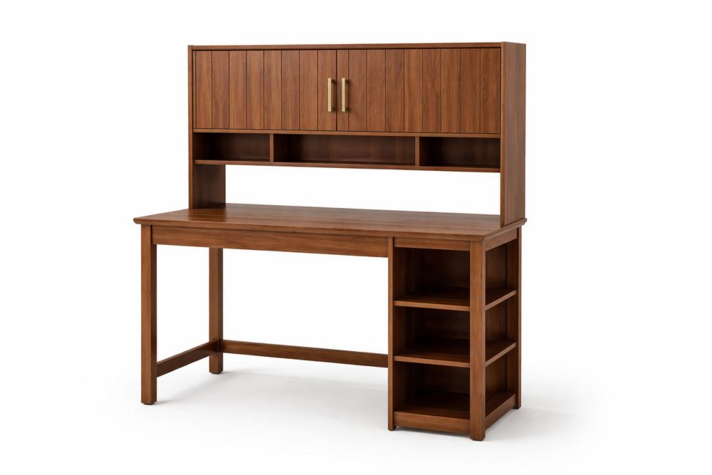Solid Wood Desk with Hutch and Shelves Brown