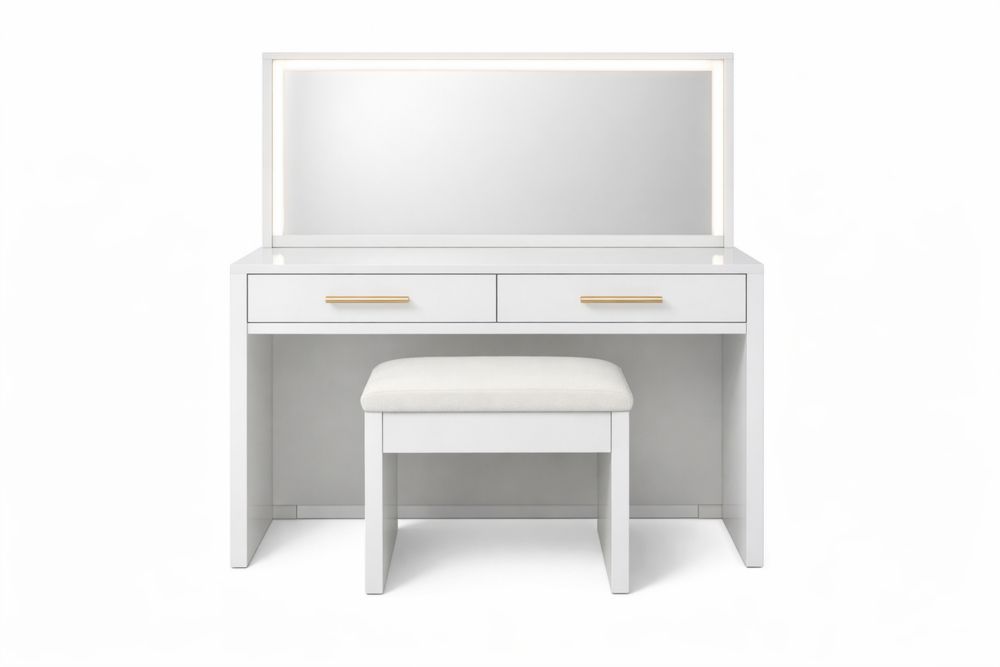 White Wood Vanity Set with Mirror and Stool