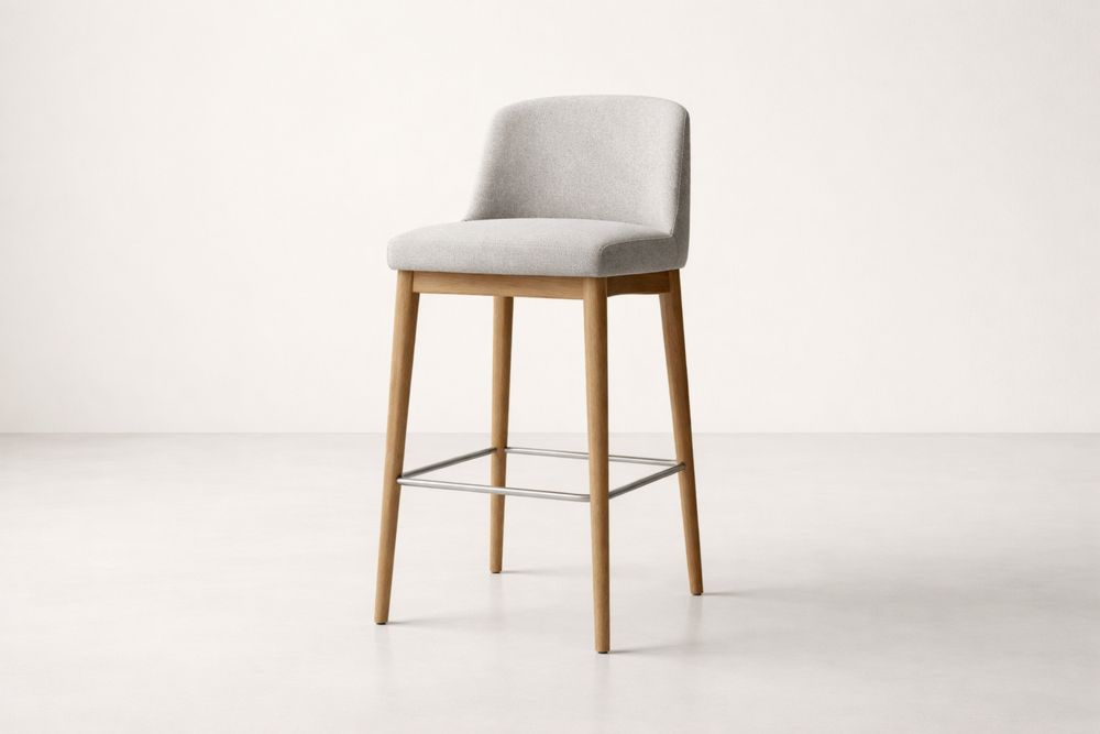 Light Gray Bar Stool with Oak Frame and Steel Footrest