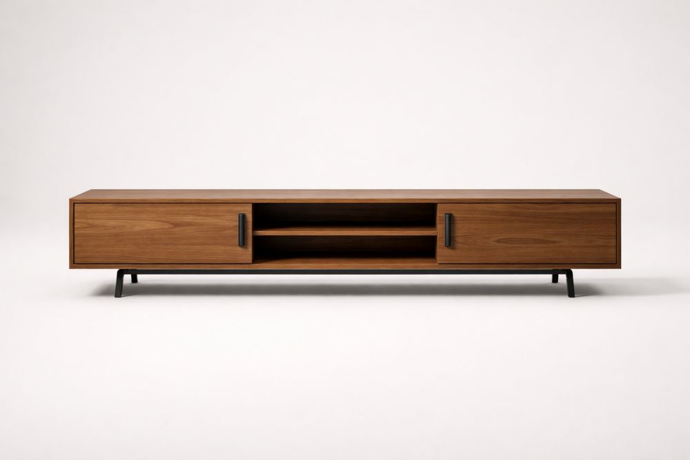 Wood TV Stand Walnut Rectangular MDF and Steel Frame