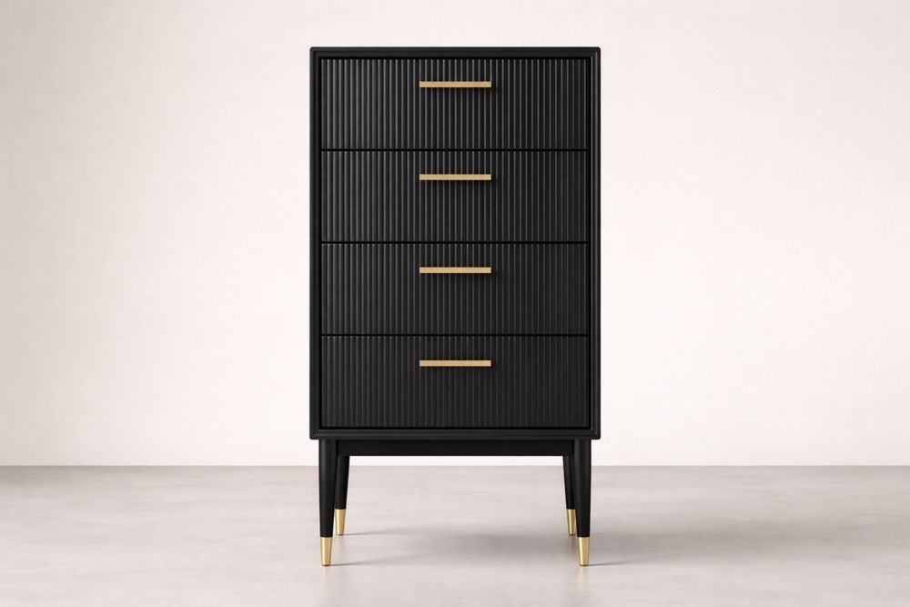 Black Solid Wood 4-Drawer Chest with Gold Accents