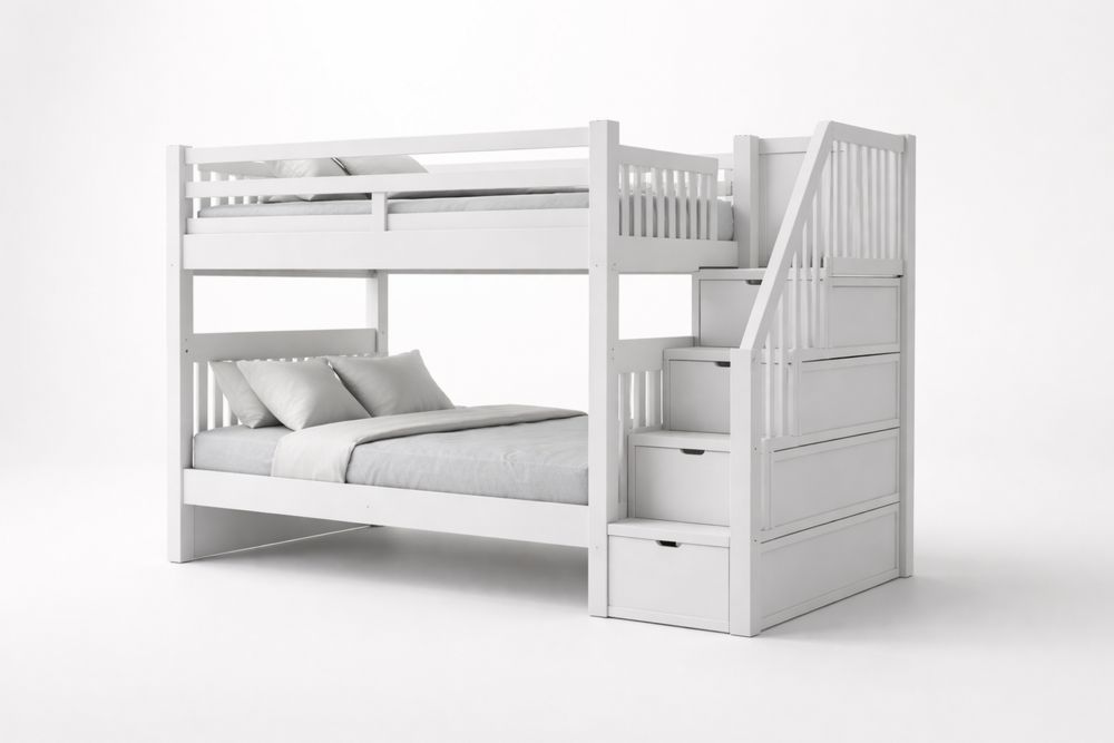 White Solid Pine Wood Bunk Bed with Storage Stairs