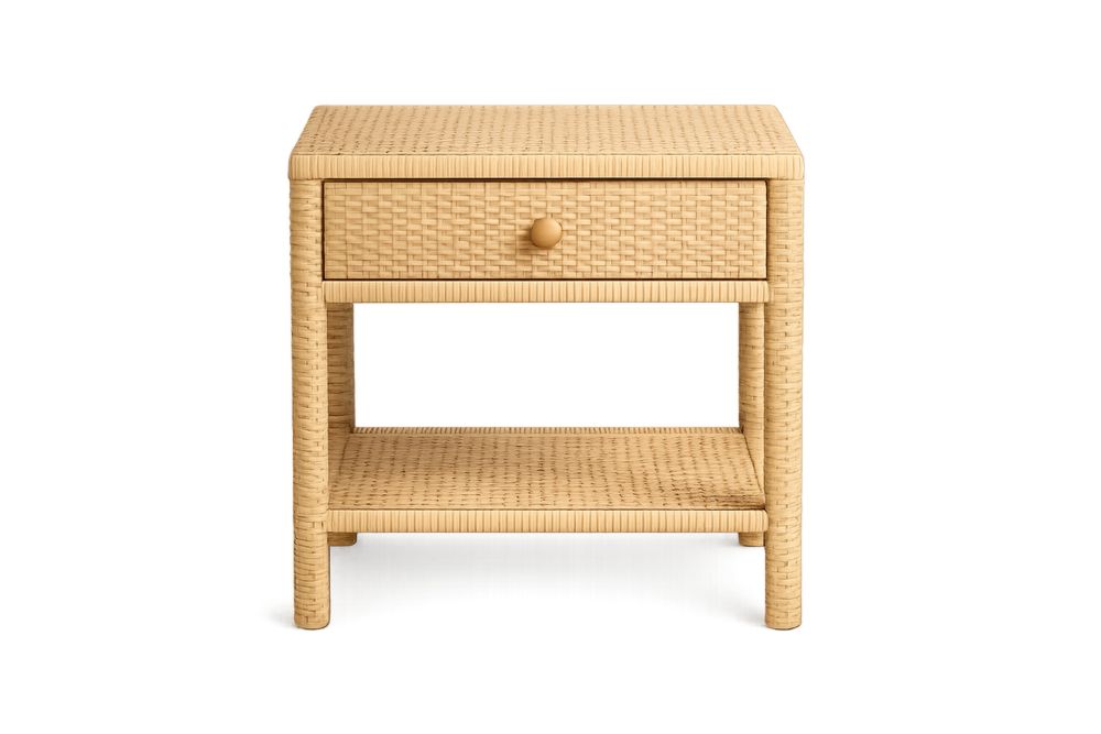 Synthetic Rattan Nightstand with Drawer and Shelf Light Brown