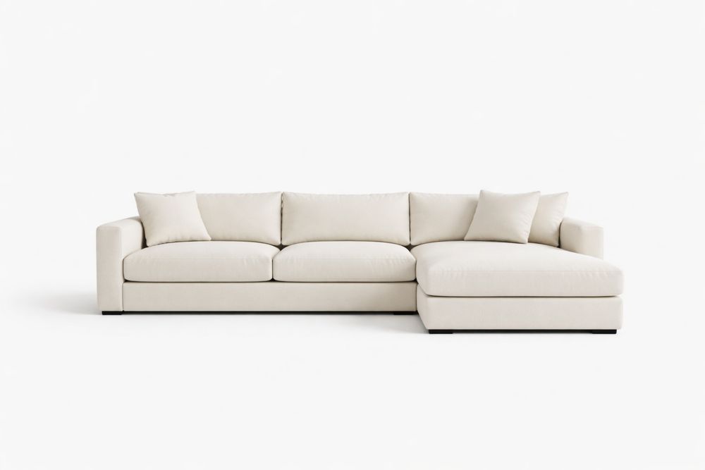 Ivory L-Shaped Sectional Sofa Linen Fabric with Removable Cushions