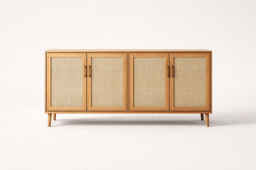 Wooden Sideboard with Cane Doors in Natural Finish 180x80x45 cm(W × H × D)