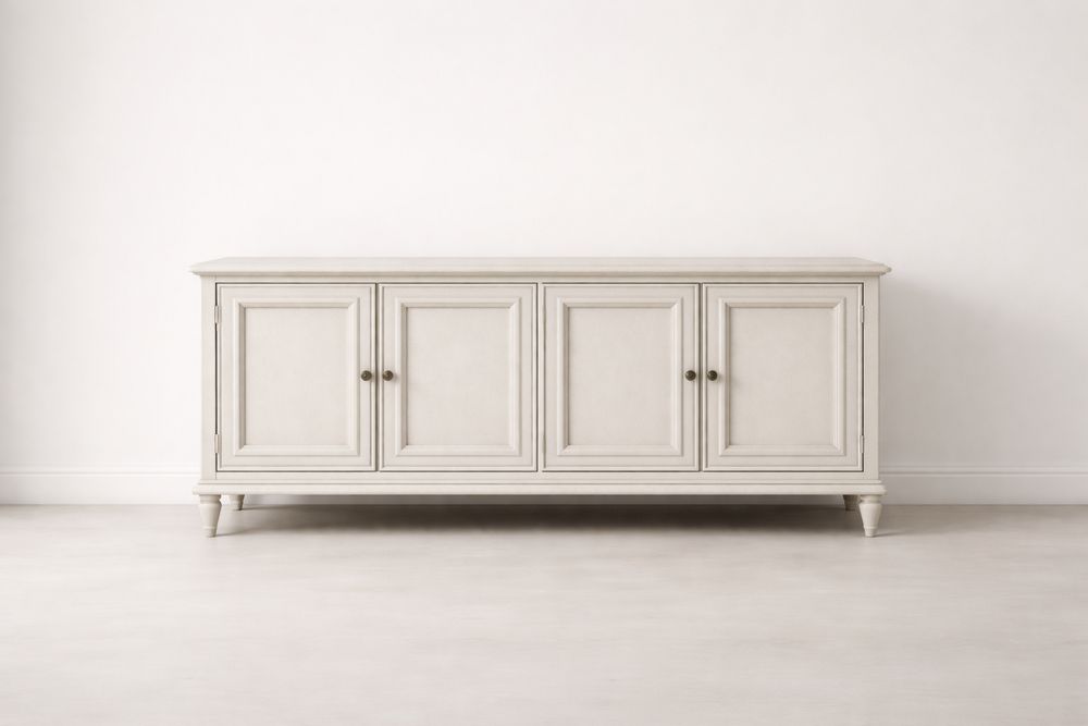 White Solid Pine Wood Sideboard with Four Doors and Turned Legs