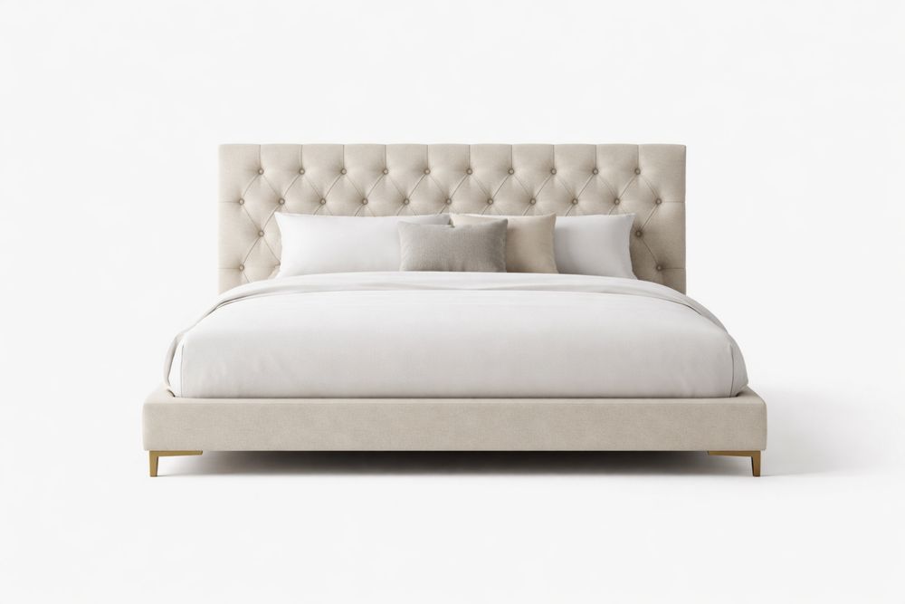 King Size Upholstered Bed Frame with Tufted Headboard Beige Polyester Fabric