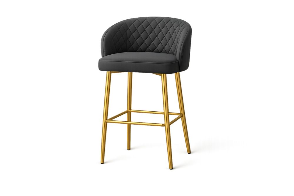 Black Upholstered Bar Stool with Gold Steel Legs and Quilted Back