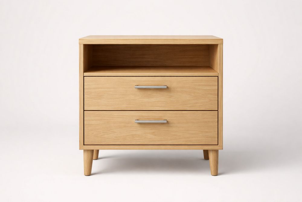 Oak Veneer Nightstand with Open Shelf and Two Drawers