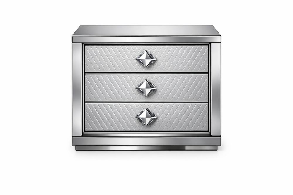 Silver Three-Drawer Mirrored Nightstand with Geometric Handles