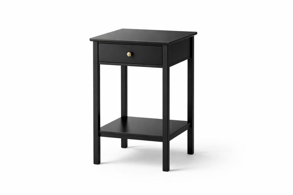 Black MDF Nightstand with Drawer and Lower Shelf