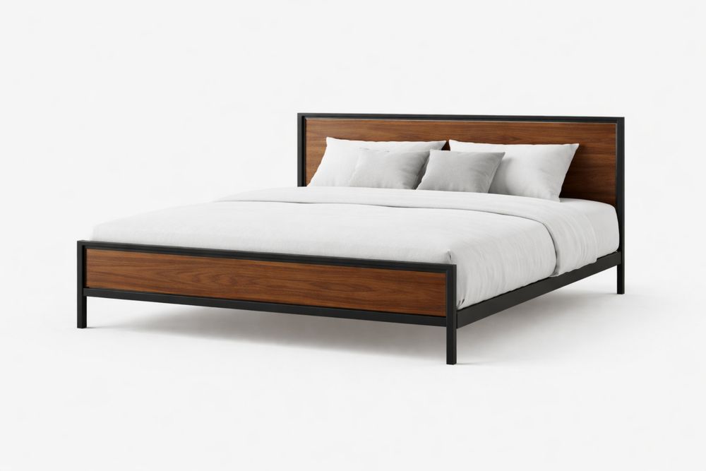Solid Wood and Steel Platform Bed Frame, King Size, Walnut/Black