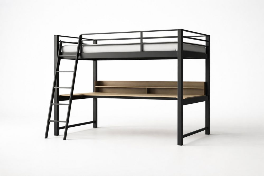 Metal Loft Bed with Desk Black Steel Frame and Wood Veneer Surface
