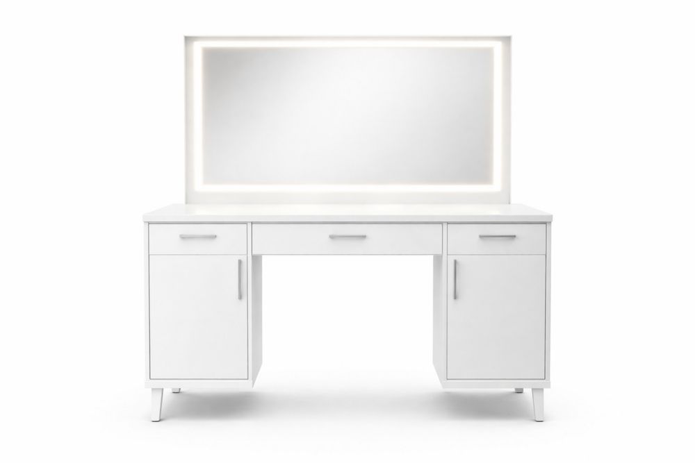 White MDF Vanity Table with LED Mirror and Storage