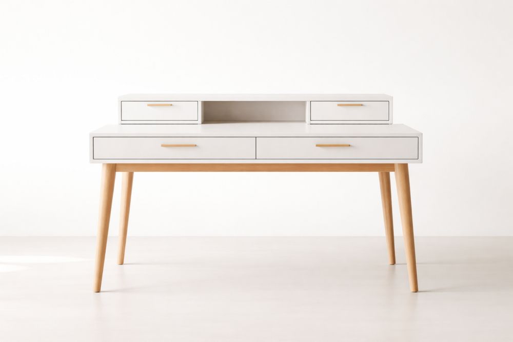 White Office Desk with Natural Solid Wood Legs and 4 Drawers