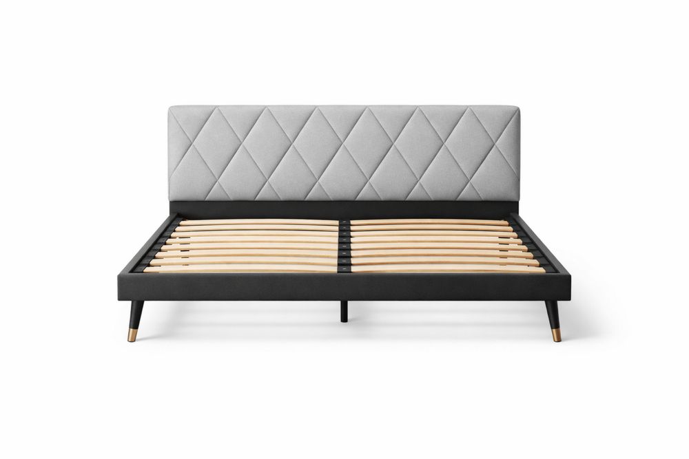 Polyester Upholstered Bed Frame with Solid Wood Slats and Steel Legs