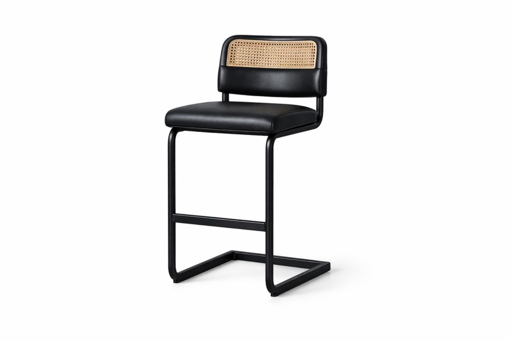 Black Steel Bar Stool with Rattan Backrest and PU Leather Cushion