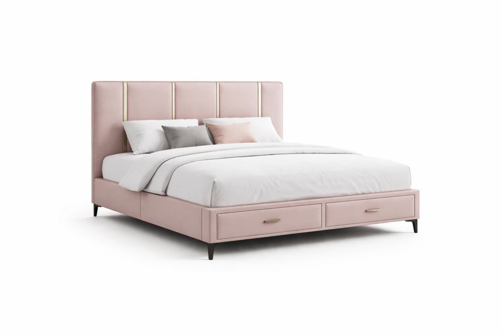 King Size Upholstered Bed with Storage Drawers Pink Polyester Fabric