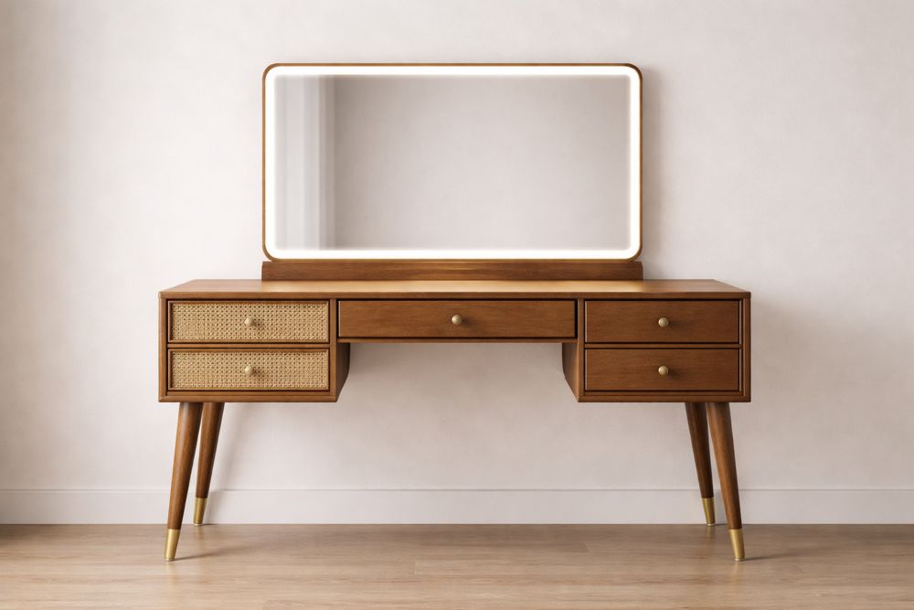 Walnut Vanity Table with LED Mirror and Five Drawers