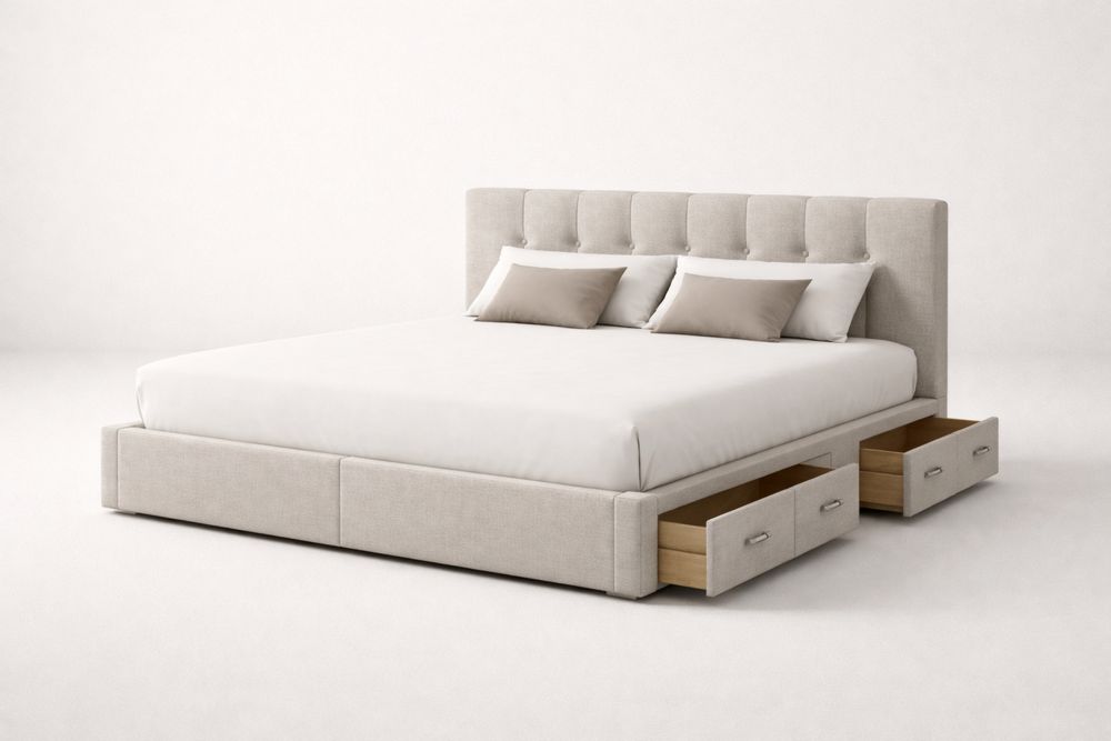 Beige Queen Size Polyester Fabric Storage Bed with Storage Drawers