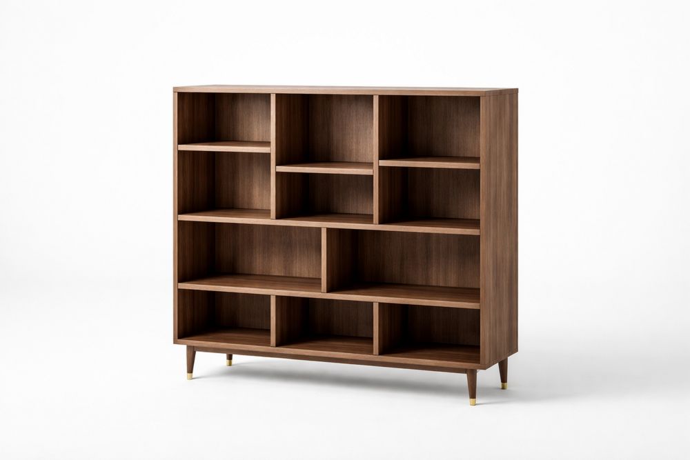 Walnut Bookcase with Shelves and Gold-Tipped Legs