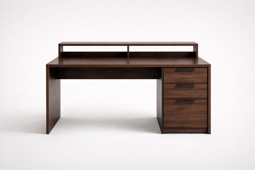 Brown Particleboard Office Desk with Storage Drawers