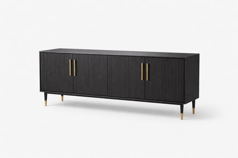 Black MDF TV Console with Brass Accents and 4 Doors
