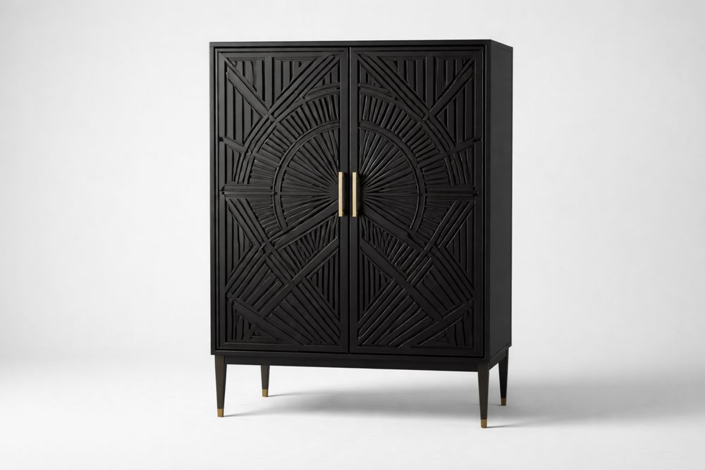 Black Solid Wood Cabinet with Geometric Design and 2 Doors