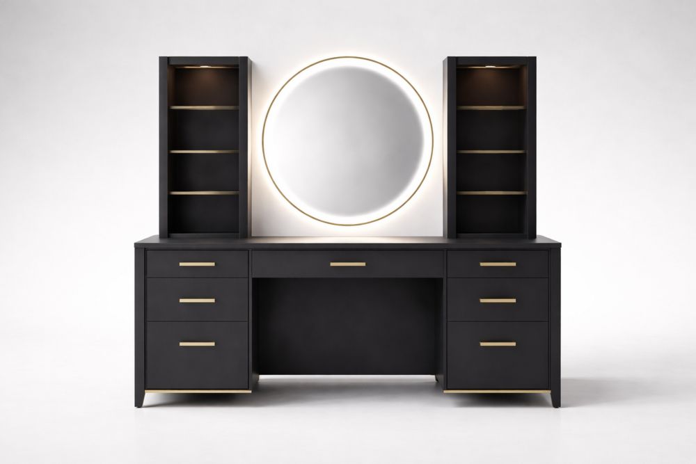Black Vanity Desk with Round LED Mirror and Storage Shelves