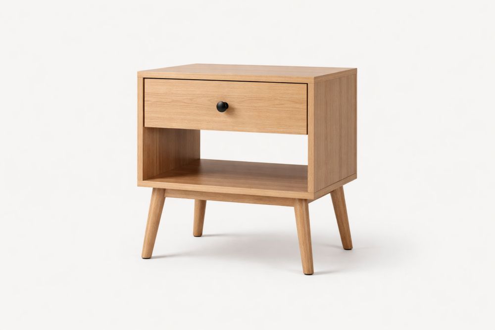Oak Wood Nightstand with Drawer and Shelf