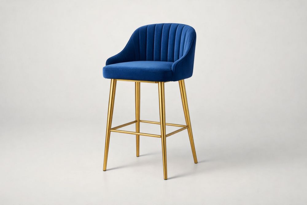 Blue Velvet Bar Stool with Gold Steel Legs