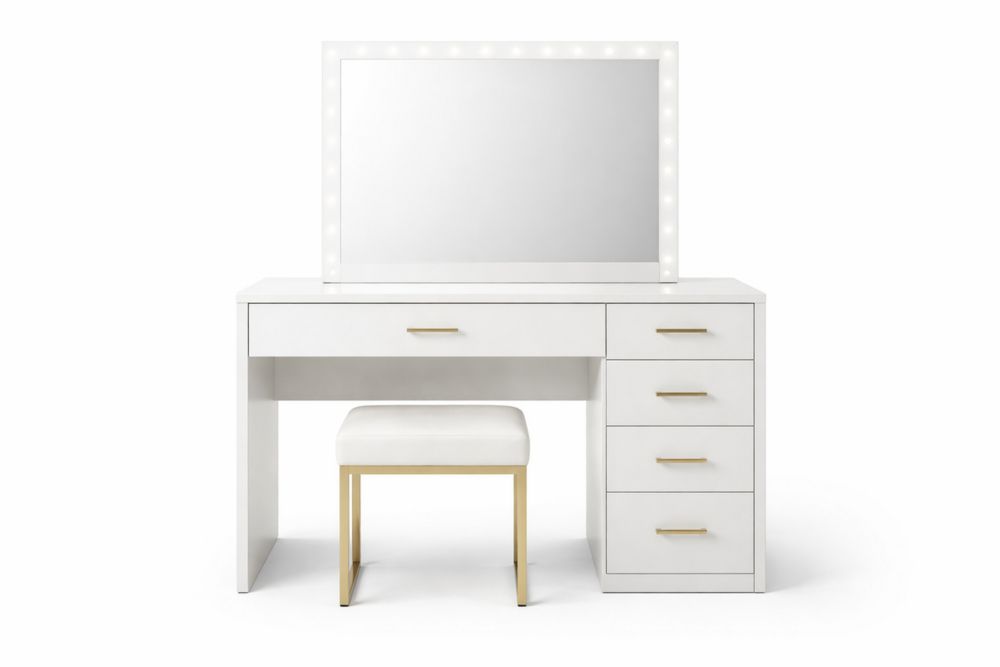 White Vanity Set with LED Mirror and Stool in MDF and Gold Steel Legs