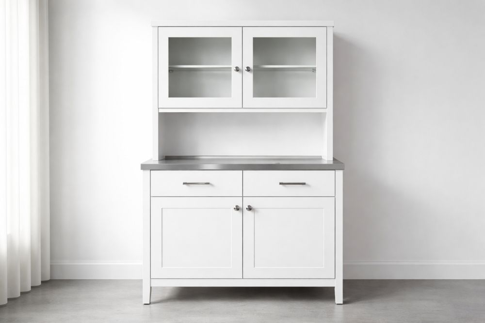 White MDF Kitchen Hutch with Glass Doors and Stainless Steel Top