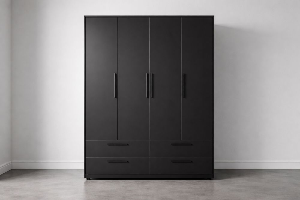 Black MDF 4-Door Wardrobe with Drawers