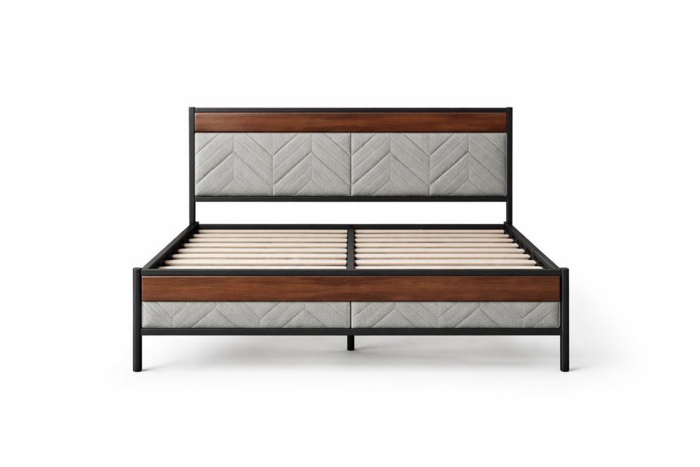 Queen Size Steel Frame Platform Bed with Gray Polyester Fabric and Walnut Accent