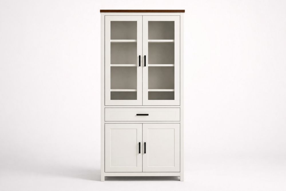 White MDF Cabinet with Glass Doors and Drawer