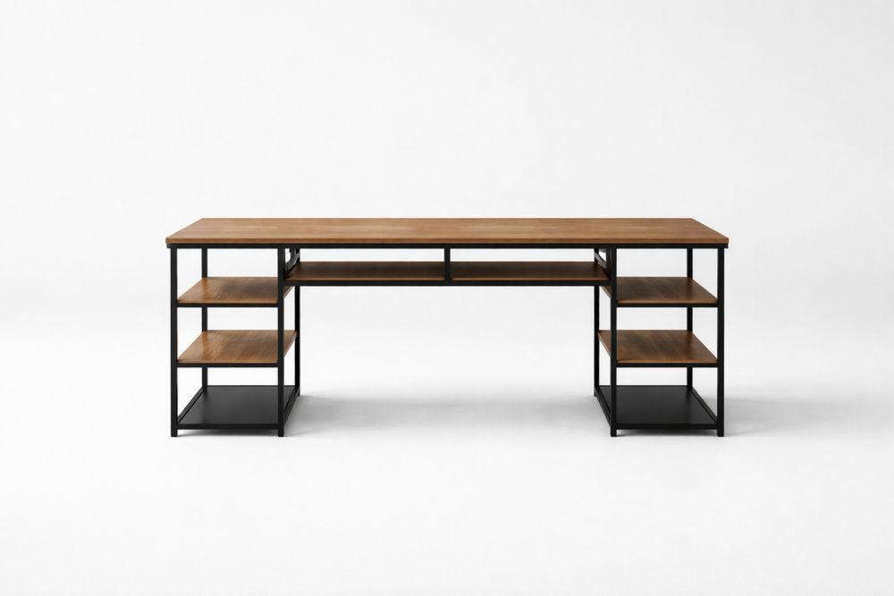 Industrial Particleboard and Steel Office Desk with Storage Shelves