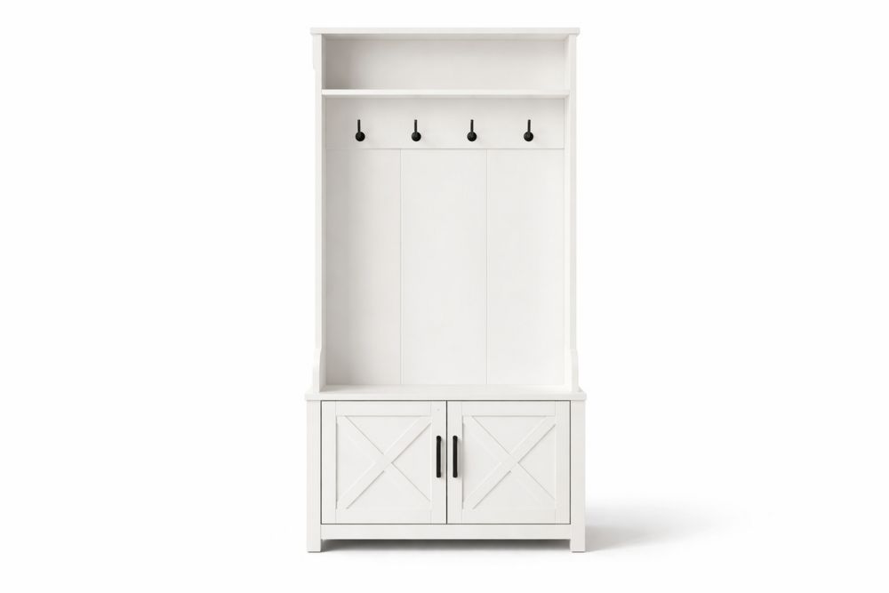 White MDF Hall Tree with Storage Cabinets and Steel Hooks