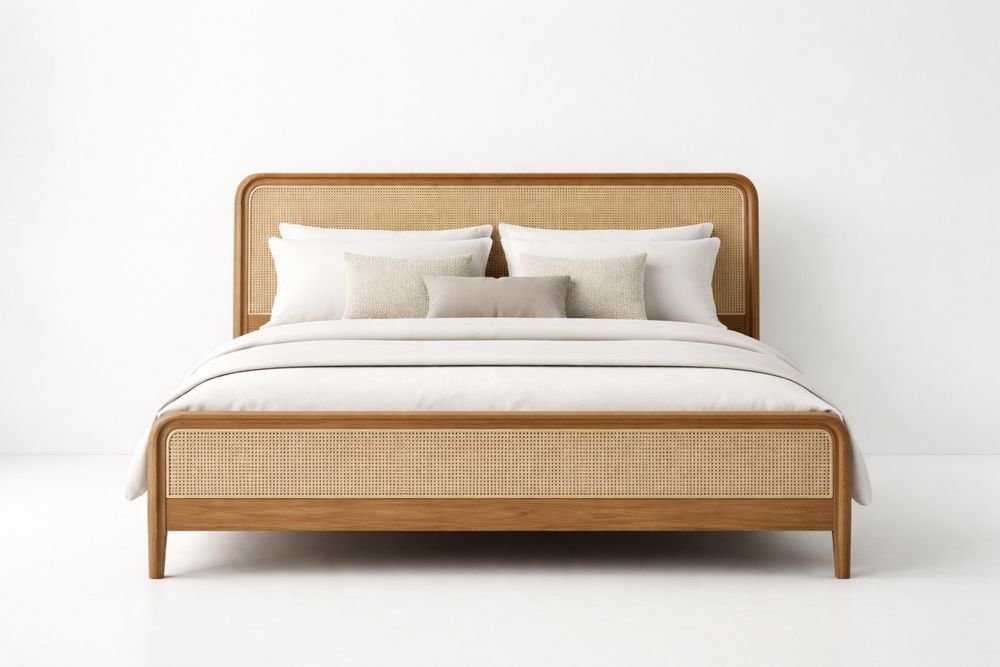 Solid Wood Rattan King Size Bed Frame