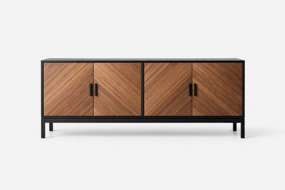 Walnut Veneer and Steel 4-Door Sideboard